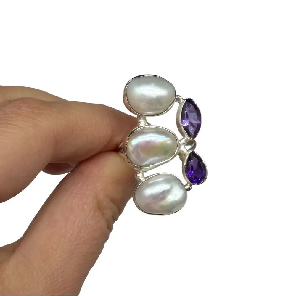 Genuine Pearl Amethyst Ring Size 8 Solid 925 Sterling Silver